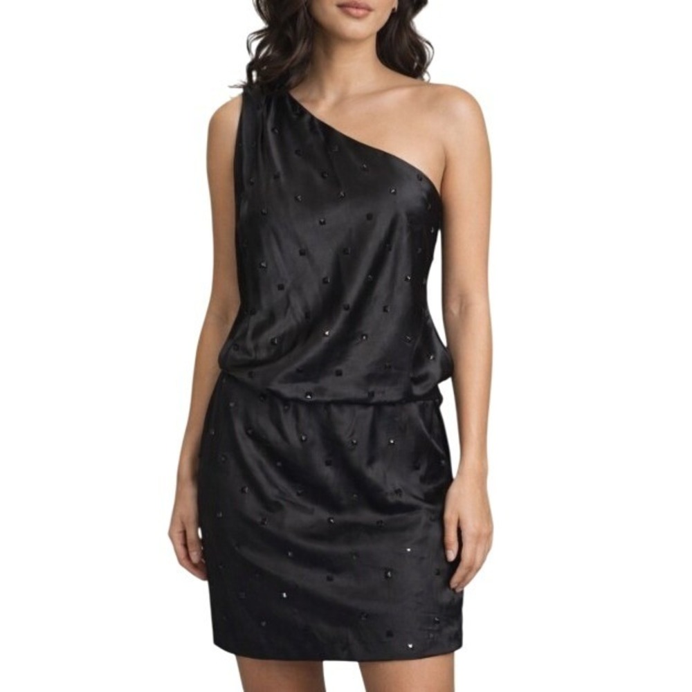 Allen Schwartz Prive Dress 12 Black Jeweled One Shoulder Blouson Evening Party